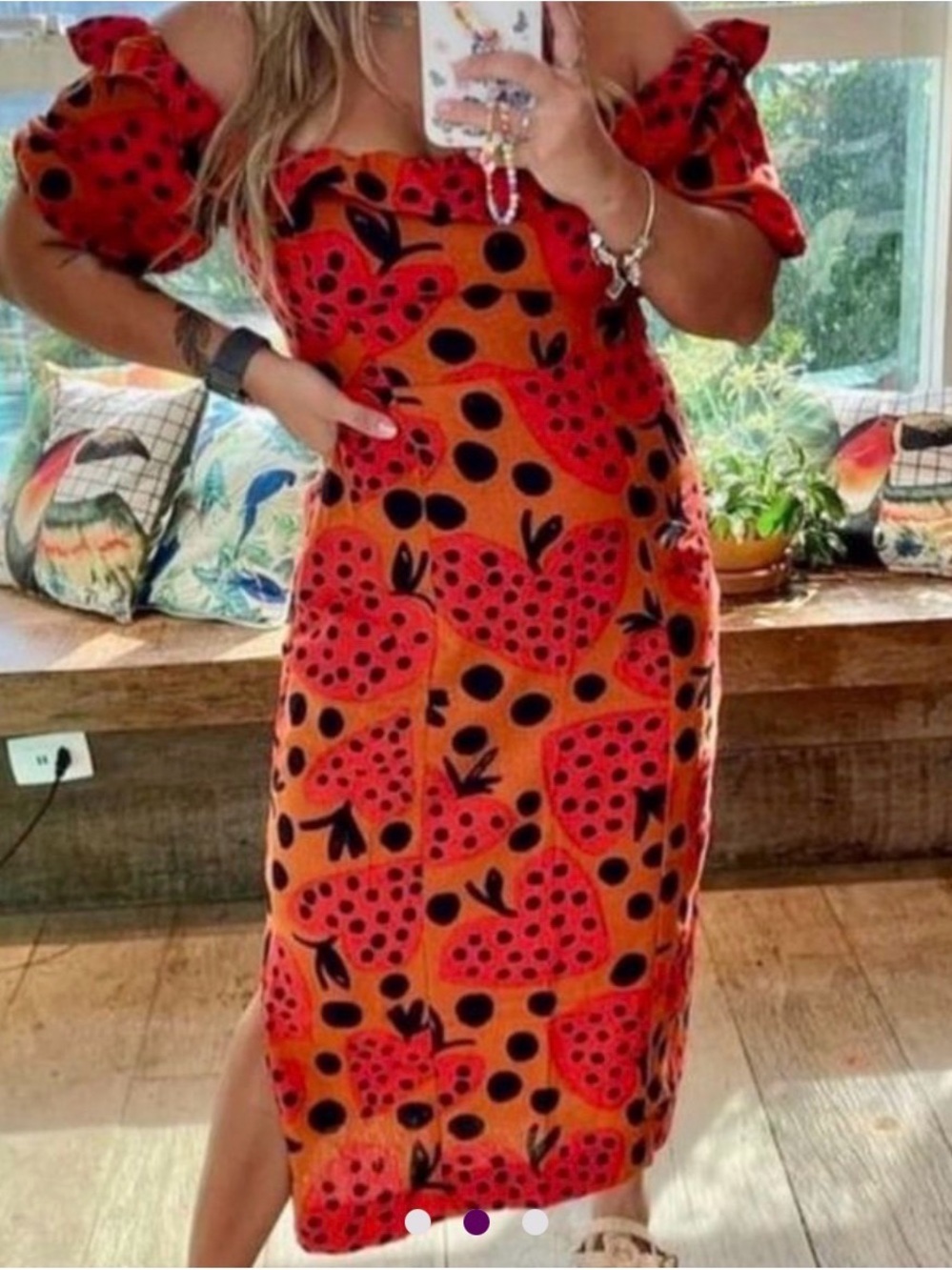 Farm Rio Orange Strawberry Print Polka dot Midi Dress